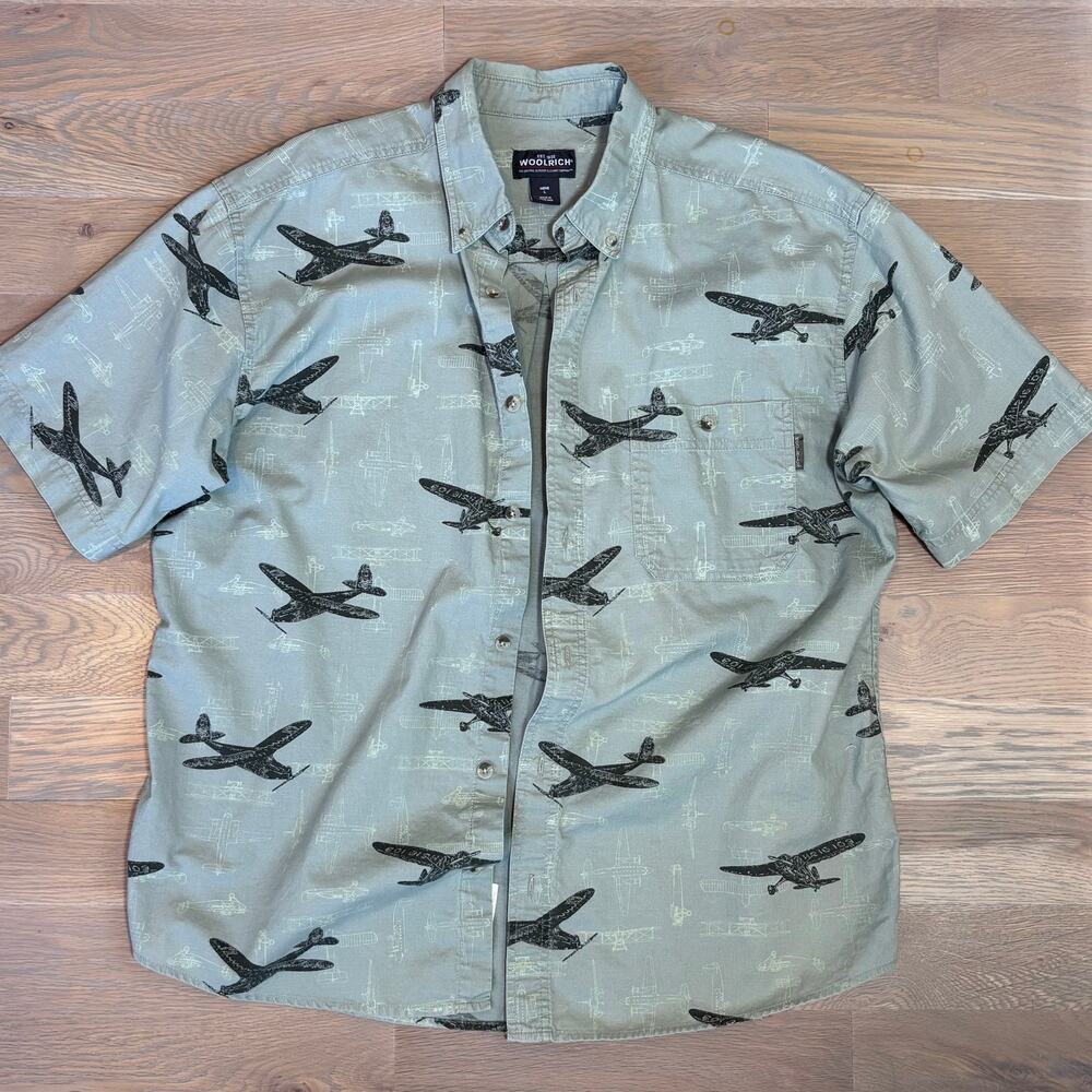 VTG Y2K Woolrich Airplane Print Shirt Short Sleeve Sage Aviation Mens Size Large